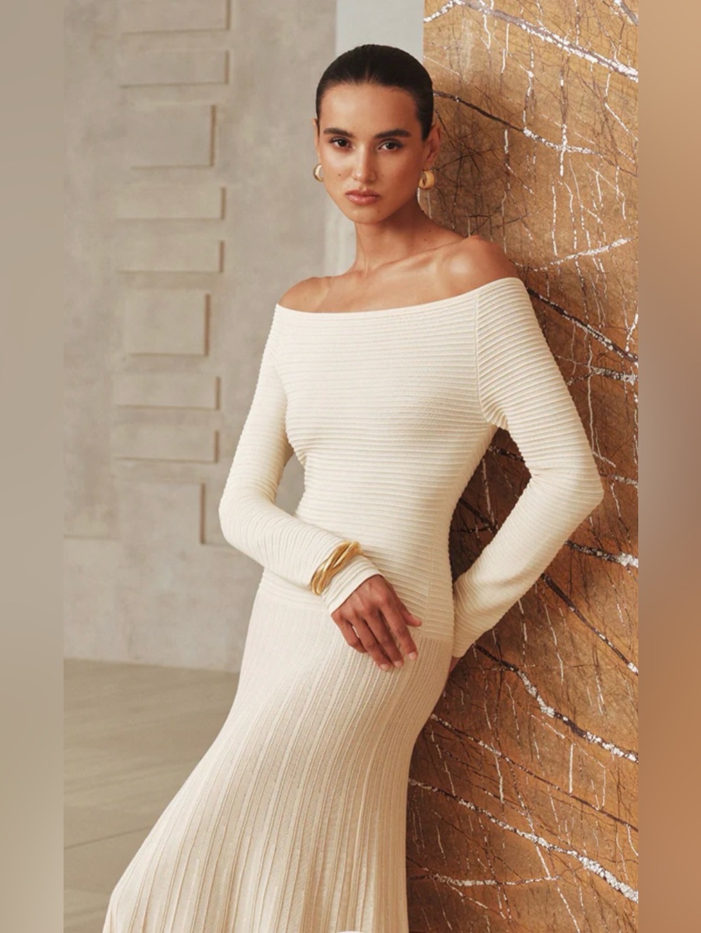 COMMENSE Off-Shoulder Cream Textured Knit Maxi Dress Size Small NWT - Picture 3 of 10